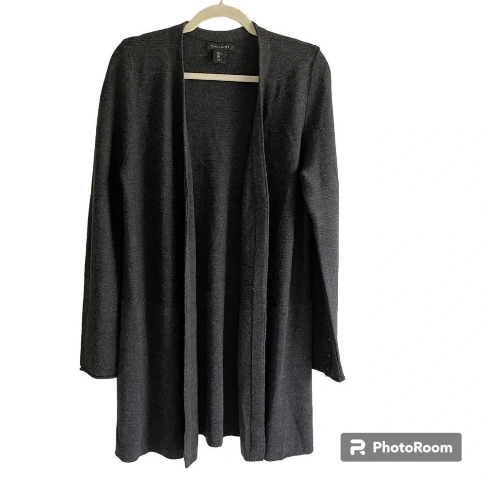 TAHARI Extra  Fine Merino Wool Dark Gray Open Cardigan Size L